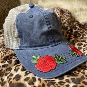 Jean|Nylon OS ball cap w/ Roses